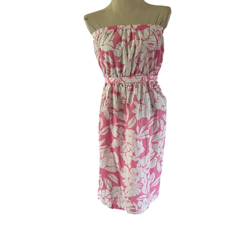 Vtg Y2K 2000s Pink Floral Strapless Dress Sz XL Luau Hawaii Resortwear Vacation